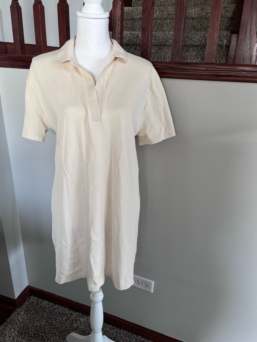 Zara Cream Short Sleeve Polo Mini Dress V-Neck Cotton Blend Size‎ Large